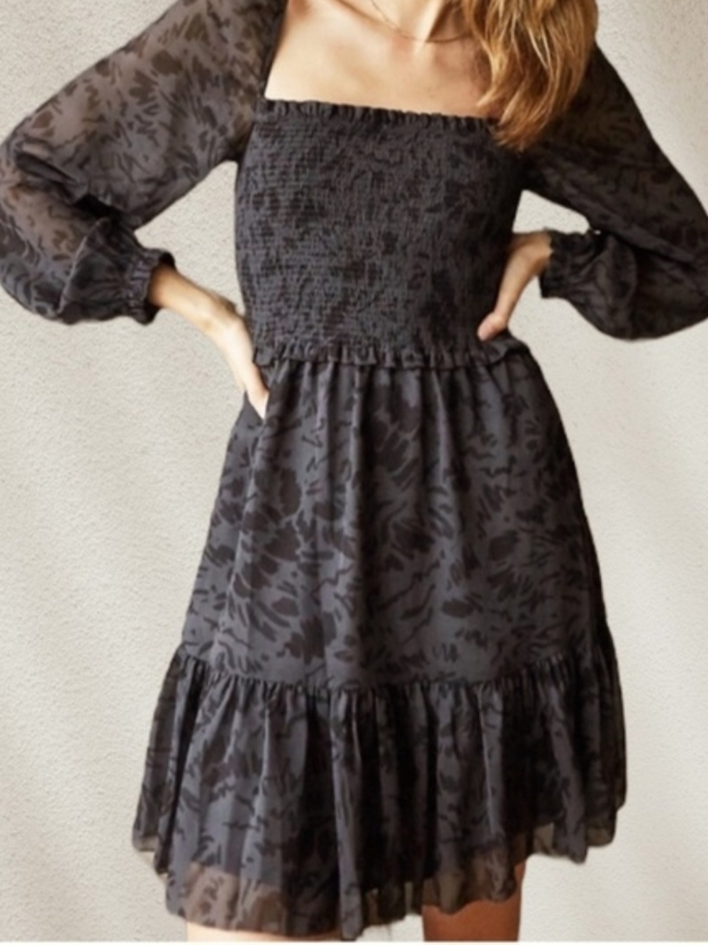 Wilfred Aritzia Medium M Tempest Smocked Chiffon Mini Dress Gray